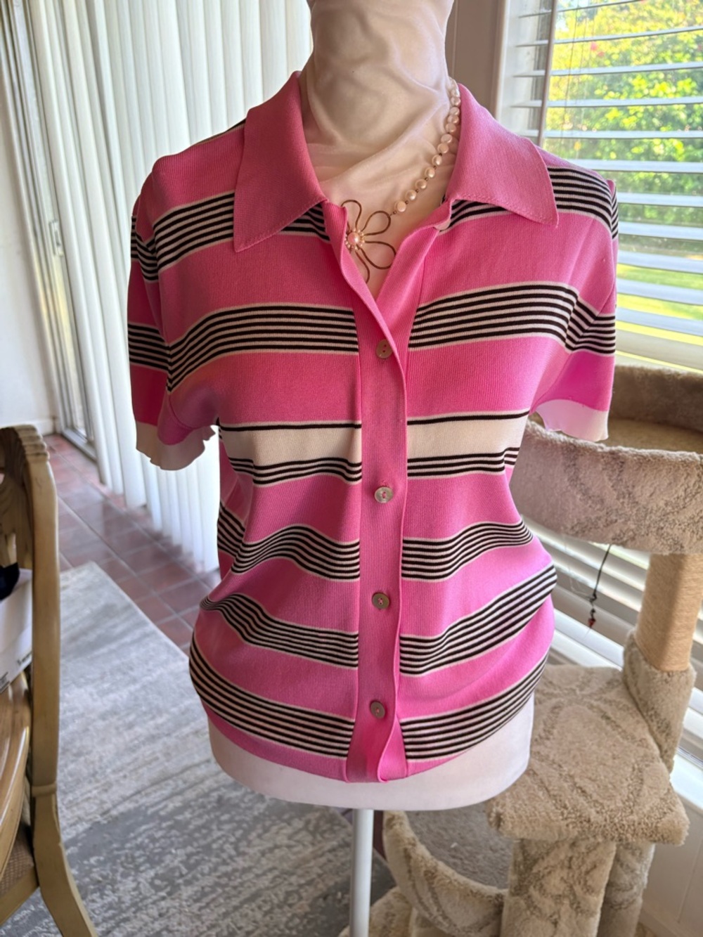 Zara Pink Short-Sleeve Striped Button-Down Knit Top